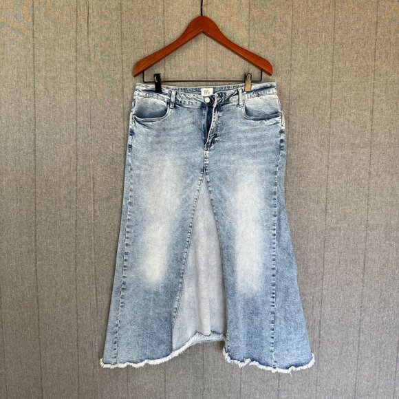 Wash Lab Denim Pieced Two Tone Sky Blue Stretch Boho Long Midi Skirt Size 32 - Picture 3 of 12